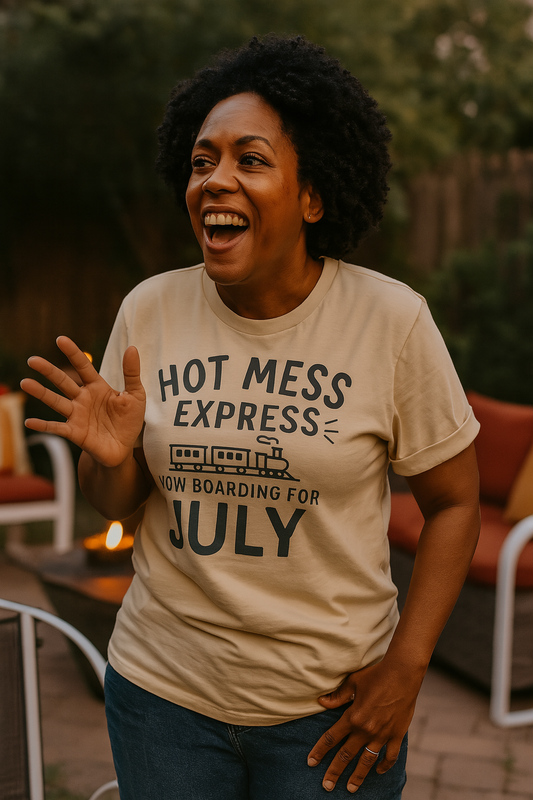 Hot Mess Express—Now Boarding for July | Funny Summer Mom Shirt by Copper Boom
