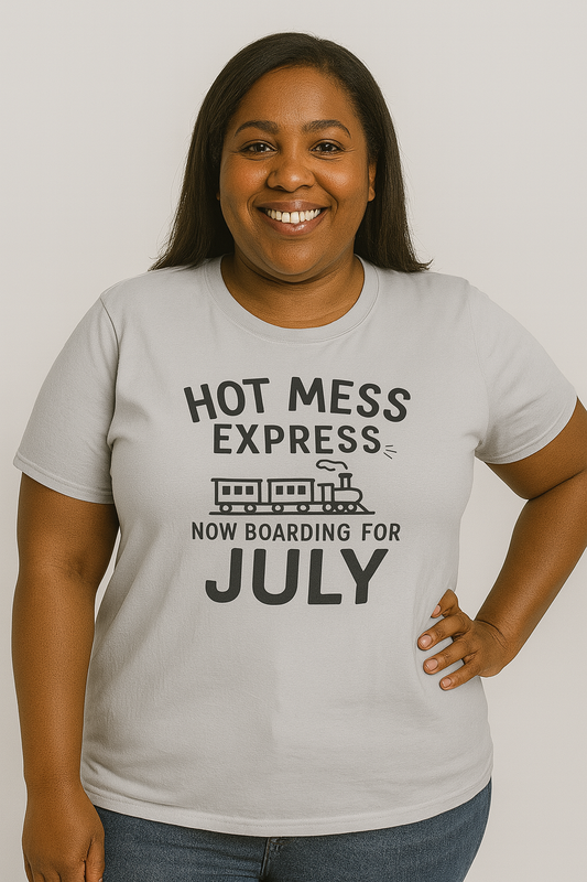 Hot Mess Express—Now Boarding for July | Funny Summer Mom Shirt by Copper Boom